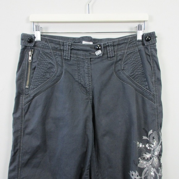 Cache Y2K Baggy Floral Embellished Capris Women 8 Gray Cotton Crop Low Rise 528 - Picture 5 of 13